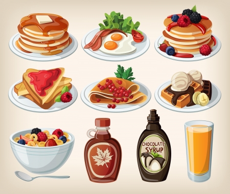 Classic breakfast cartoon set with pancakes, cereal, toasts and waffles のイラスト素材