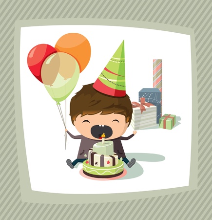 A birthday card with a boy holding balloons and trying to blow out the candleのイラスト素材