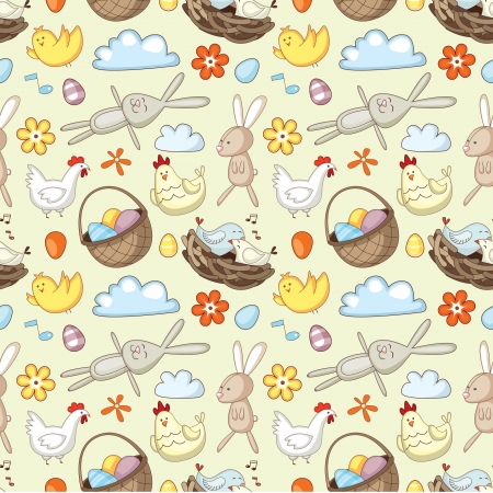 Decorative Easter pattern with eggs, rabbits and chickens  のイラスト素材
