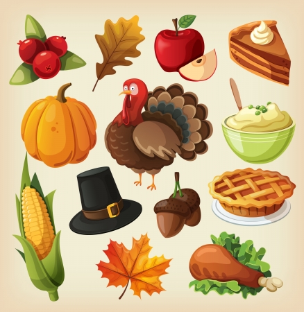 Set of colorful cartoon icons for thanksgiving day.のイラスト素材