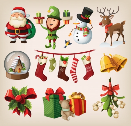 Set of colourful christmas characters and decorationsのイラスト素材