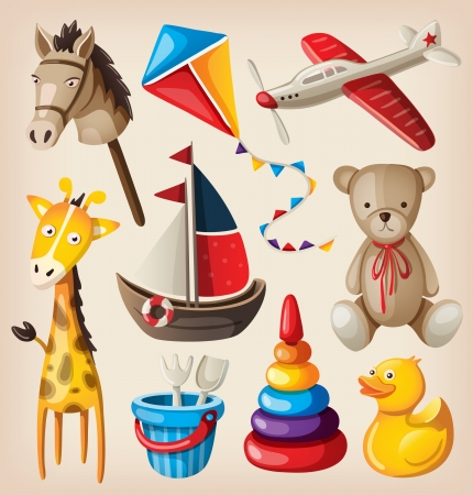 Set of colorful vintage toys for kids.のイラスト素材