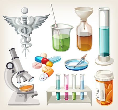 Set of supplies used in pharmacology for preparing medicine.のイラスト素材