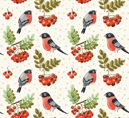 Seamless autumn and winter pattern with bullfinch and rowan branchesのイラスト素材