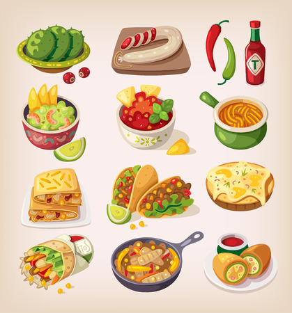 Mexican street, restaraunt and homemade food and product icons for ethnic menu