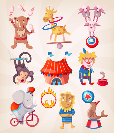 Colorful circus animals present at arena doing acrobatic tricks.のイラスト素材