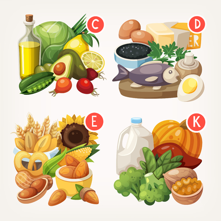 Groups of healthy fruit, vegetables, meat, fish and dairy products containing specific vitaminsのイラスト素材