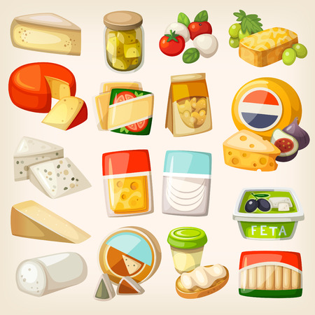 Ilustración de Isolated pictures of most popular kinds of cheese in packaging. Slices and pieces of cheese and some products to use them with. - Imagen libre de derechos