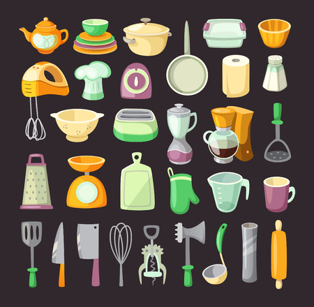 Set of colorful kitchen utensils used for cooking breakfats or dinner.のイラスト素材