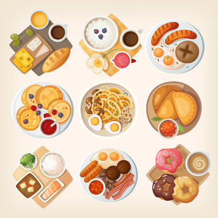 Traditional breakfast dishes from different countries and places: Israel, Iceland, Germany, Russia, Korea, Venezuella, Japan, Ireland, USA.のイラスト素材