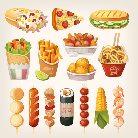 Set of colorful takeaway food that is sold at every cornorのイラスト素材