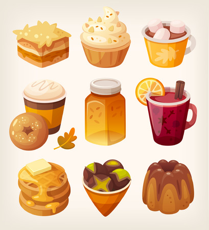 Collection of delicious autumn sweets and desserts. Sweet october food with apples pumpkins and honey flavours. Sweet coffee shop desserts  のイラスト素材