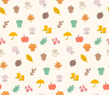 Colorful autumn seamless pattern with seasonal elements and items. The pattern i added to swatches. Can be used for gift wrapping paper, linen fabric, text book covers or gift cards background.のイラスト素材