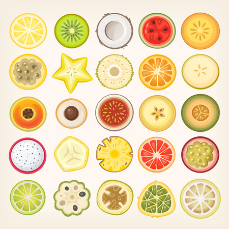 Fruit slices illustrations. Vector fruit and berry cut in halves.
Circle shaped healthy food cuts.のイラスト素材