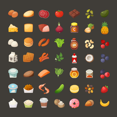 Set of colorful icons of everyday breakfast products grouped into categories.のイラスト素材