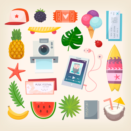 Set of colorful pictures of elements and icons to represent hot adventurous summer season. Vector illustration.のイラスト素材