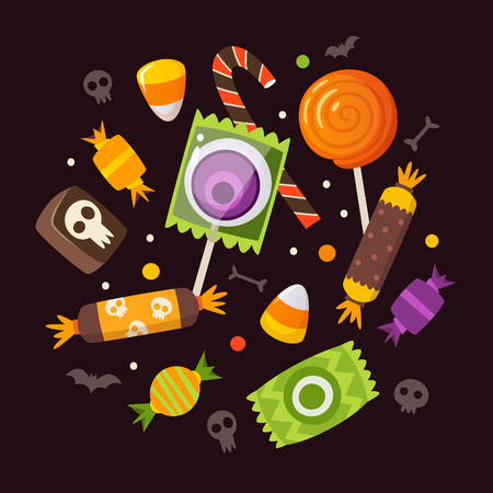 Bunch of Halloween sweets and candies organised into circle shape. Decorative element for greeting cards or invitations to Halloween party. Vector elements.のイラスト素材