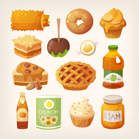 Set of classic baked autumn meals that you can make from apples. Apples cooked down into juice, jam and alcohol.のイラスト素材