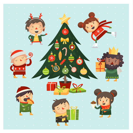 Set of cartoon characters celebrating Christmas around christmas tree decorated with balls and presents under it.のイラスト素材