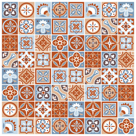 Classic vector pattern of abstract square floral and geometric tiles. Traditional portugese and arabic ceramic wall decoration.のイラスト素材