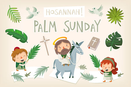 Jesus riding a donkey entering Jerusalem. People greeting him with palm branches and shouting Hosannah. Biblical easter story illustration Vector.