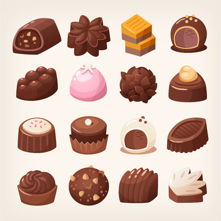 Delicious dark and white chocolate candies in various shapes and flavors. Isolated vector images.のイラスト素材