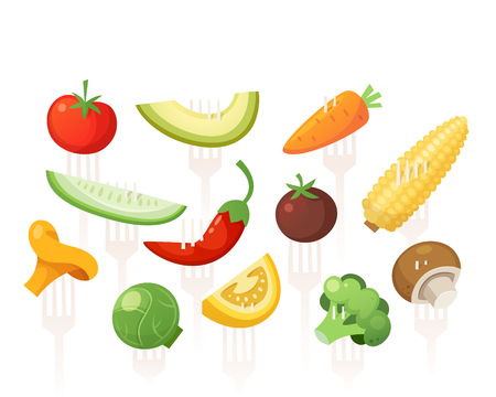Set of healthy vitamin full vegetables pined on forks. Vector images for healthcare designs. のイラスト素材