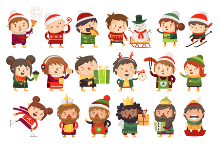 Christmas characters children and adults celebrating upcoming holidays.のイラスト素材