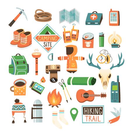 Collection of items for hiking, backpacking and traveling into the wild.のイラスト素材