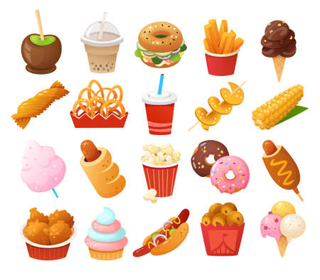 Street food images. Foods you normally find at fun fairs and outdoor festivals. Vector icons.のイラスト素材