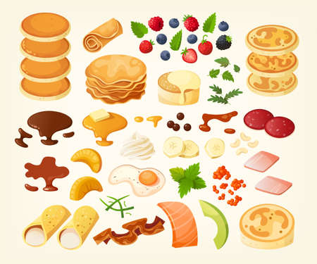 Elements to create your own pancakes breakfast. Pancakes, toppings and additional foods. Isolated vector imagesのイラスト素材