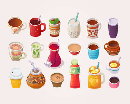 Variety of cups and glasses with tea from different countries and places. Isolated vector images. Tea shop posterのイラスト素材
