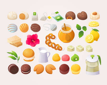 Big variety of desserts sidings and supplementaries to make a great cup of tea. Vector images.のイラスト素材
