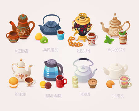 Big variety of tea cups and kettles tea drinking traditions Vector images for posters of tea shops and cafes.のイラスト素材