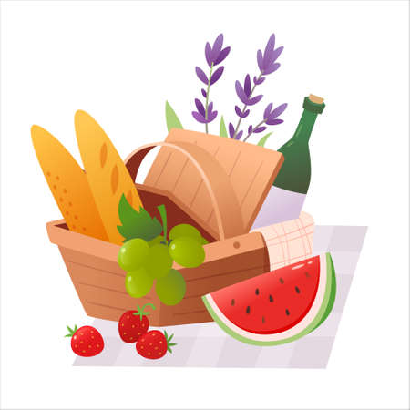 Picnic basket with wine, grapes and french bread. Opened picnic hamper with flowers, towel and blanket for romantic date. Isolated vector illustrationのイラスト素材