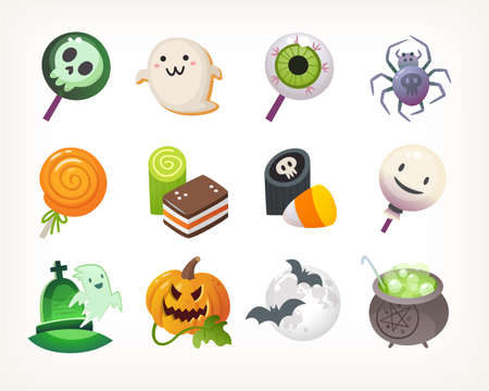 Set of Halloween sweets and decorations. Spooky bats near moon, ghost over tombstone, spider and witch cauldron with green liquid. Cute isolated vector illustrations for decorations for kids partyのイラスト素材