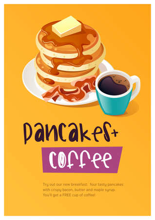 Roadside diner cafe breakfast menu. Stack of pancakes with bacon maple syrup and cup of hot black coffee. Vector illustrationのイラスト素材