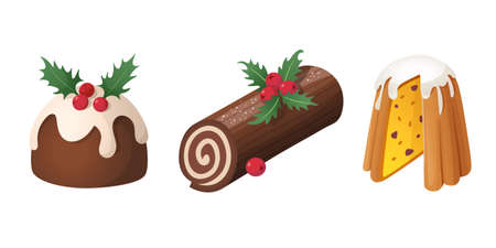 Classic Christmas desserts - pudding, cake and pie. Isolated vector images.