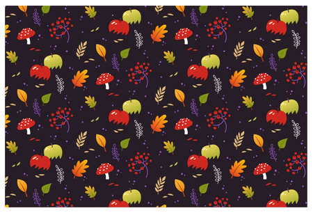 Vector autumn nature seamless pattern with plants, leaves and apples. Cute print design for autumn holidays wrapping paperのイラスト素材