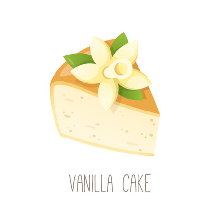 Collection of cakes, pies and desserts for all letters of alphabet. Letter V - vanilla cake. Plane vanilla sponge dessert from flour sugar and dairy with flower on top. Isolated vector illustrationのイラスト素材