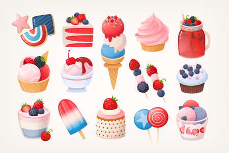 Set of blue red and white desserts for some national holidays parties. Isolated vector illustrations. Independence day party snacksのイラスト素材