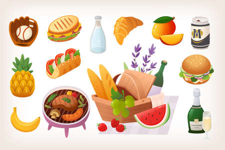 Set of summer picnic party images with fruit, basket and wine. Isolated colorful vector stickers.のイラスト素材