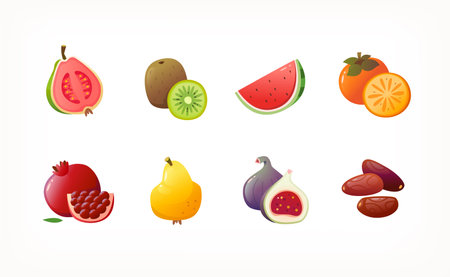 Collection of colourful icons of fresh asian tropical fruit. Whole fruit  with a slice images. Common organic products at grocery markets. Isolated vector images of tasty sweet exotic organic grocery.のイラスト素材