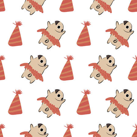 Pug Dog Party Hat Tutu seamless pattern. Great for gift wrapping, wallpaper, textile and scrapbookのイラスト素材