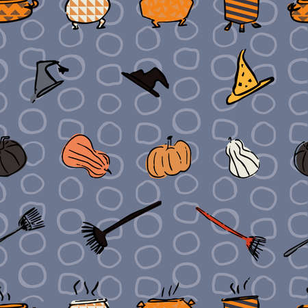Halloween Pumpkin Cauldron Witch Hat Broom Gourd Circle Autumn Seamless Pattern Vector illustration. Perfect for Halloween, party, autumn, harvest, fashion, decoration, textile design, background, illustration, carpet and rugのイラスト素材