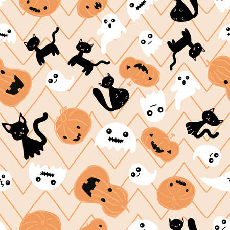 Halloween Black Cat Ghost Pumpkin Autumn Spooky Seamless Pattern. Vector illustration. Perfect for Halloween, party, autumn, harvest, fashion, decoration, textile design, background, illustration, carpet and rugのイラスト素材