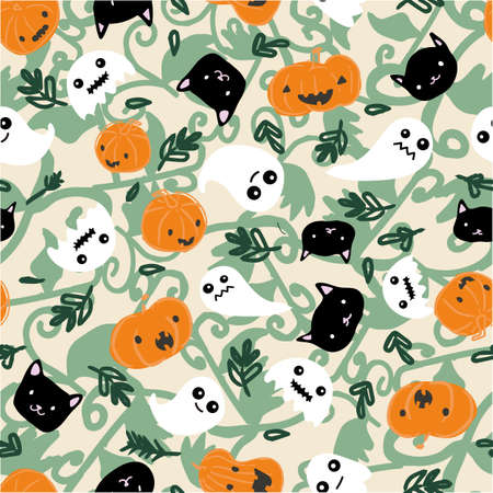 Halloween Pumpkin Ghost Black Cat Foliage Seamless Pattern. Vector illustration. Perfect for Halloween, party, autumn, harvest, fashion, decoration, textile design, background, illustration, carpet and rugのイラスト素材
