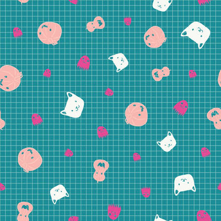 Halloween Pumpkin Ghost Cat Check Square Seamless Pattern. Vector illustration. Perfect for Halloween, party, autumn, harvest, fashion, decoration, textile design, background, illustration, carpet and rugのイラスト素材