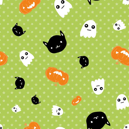 Halloween Pumpkin Ghost Black Cat Star Seamless Pattern. Vector illustration. Perfect for Halloween, party, autumn, harvest, fashion, decoration, textile design, background, illustration, carpet and rugのイラスト素材