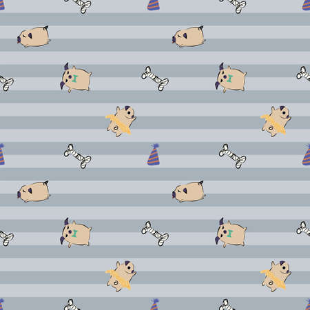 Pug Dog Tutu Party Hat Bow Tie Bone Horizontal Stripes seamless pattern. Vector Illustration. Great for birthday, party, gift wrapping, wallpaper, textile and scrapbookのイラスト素材
